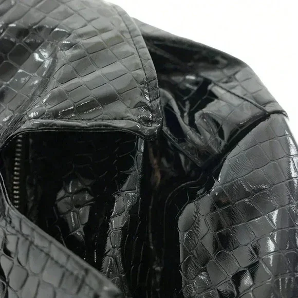 Black Casual Women's Glossy Faux Crocodile Skin Turndown Collar Flight Jacket - Picture 4 of 4